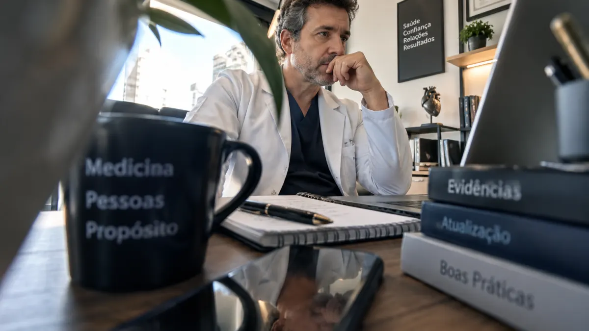 Médico analisando sua presença digital e estratégia de marketing
