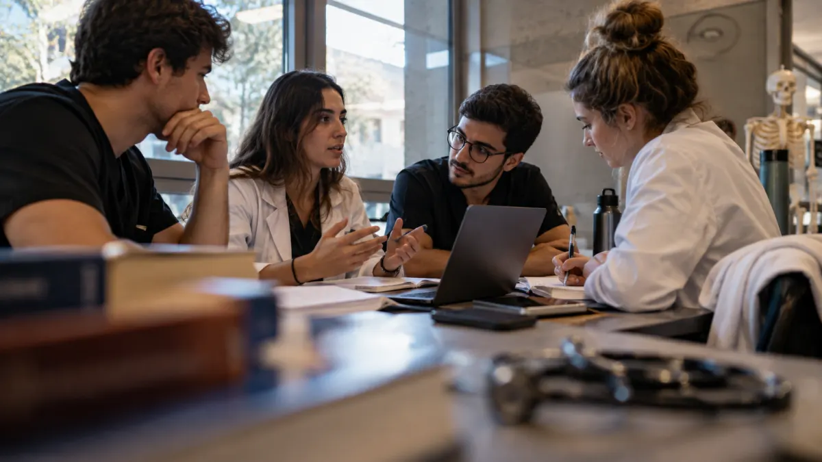 Estudantes de medicina conversando sobre carreira e vida profissional durante treinamento